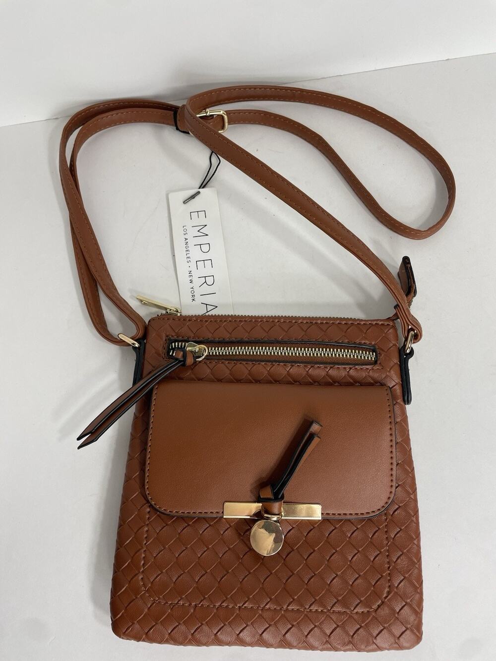 NWT Emperia Vegan Tan Crossbody Purse Bag Woven Pattern Adjustable Strap